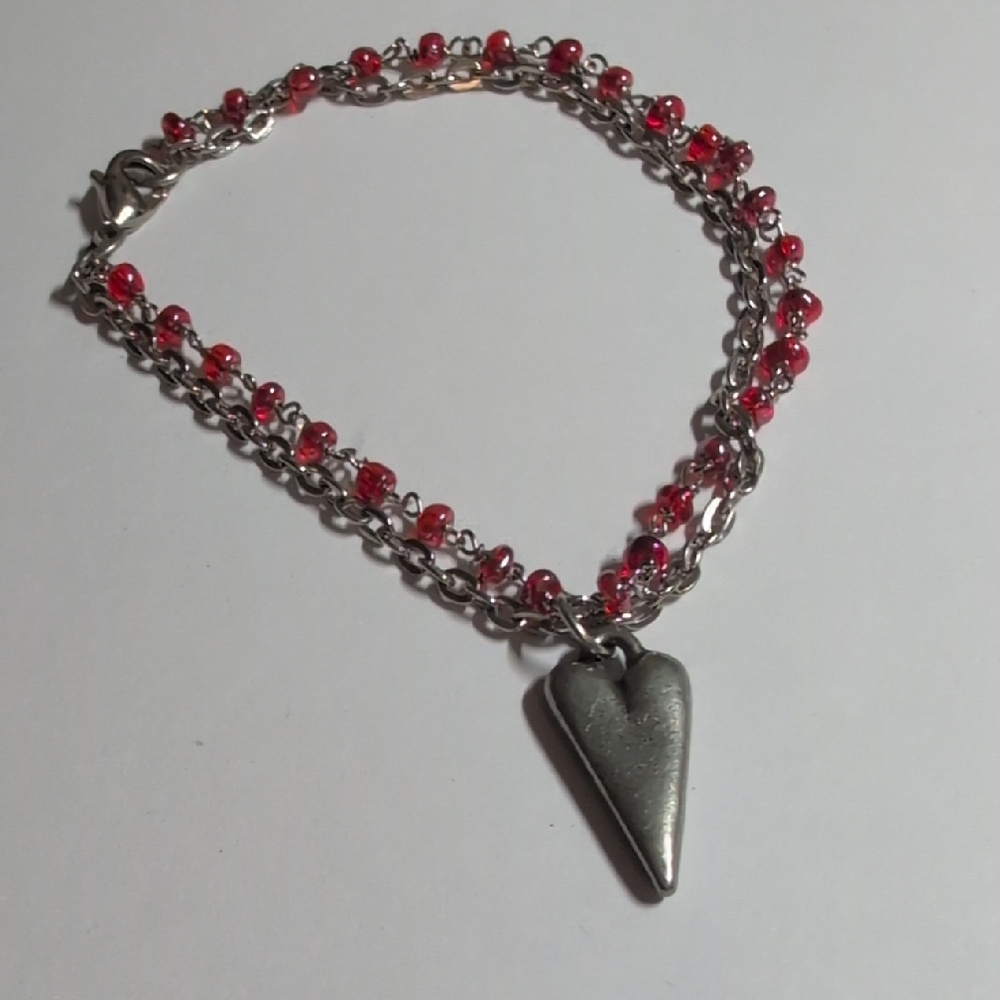 Silver and Red Heart Charm Bracelet